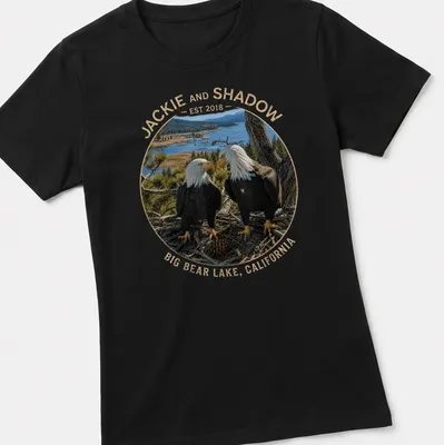 Realistic bald eagles with text celebrating Jackie and Shadow in Big Bear Lake. — printed on a women's shirt