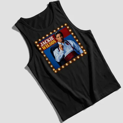 Vintage portrait of Jackie Wilson in red, blue, black, and white — printed on a tank top