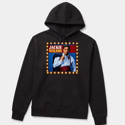Vintage portrait of Jackie Wilson in red, blue, black, and white — printed on a unisex hoodie