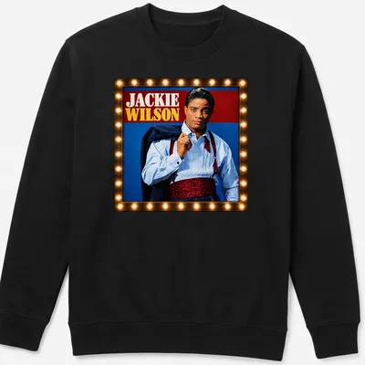 Vintage portrait of Jackie Wilson in red, blue, black, and white — printed on a unisex sweatshirt