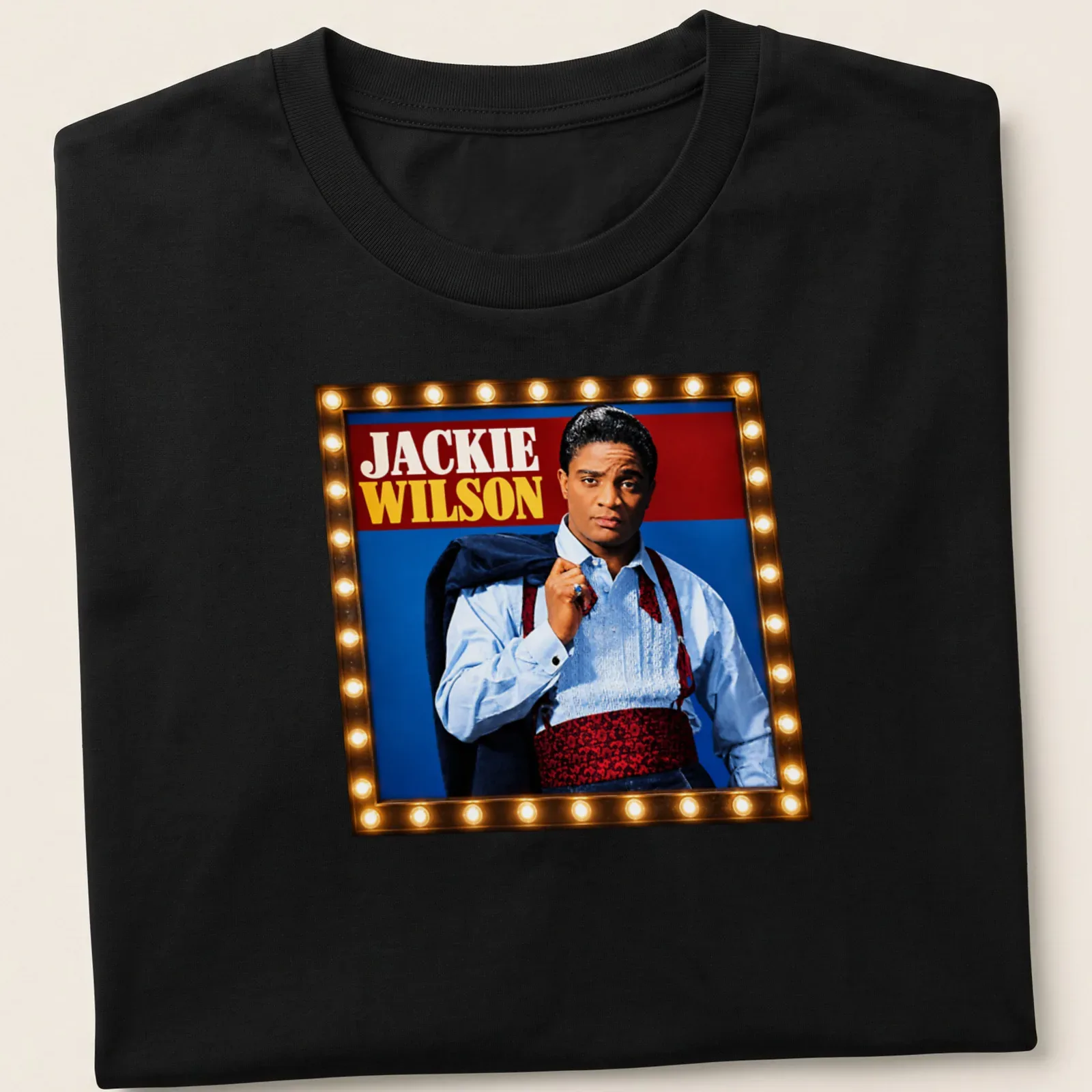 Vintage portrait of Jackie Wilson in red, blue, black, and white — printed on a unisex t-shirt