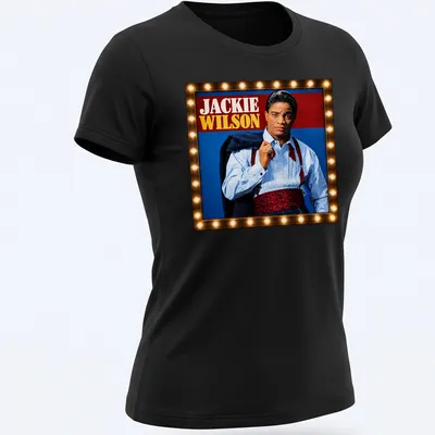 Vintage portrait of Jackie Wilson in red, blue, black, and white — printed on a women's shirt