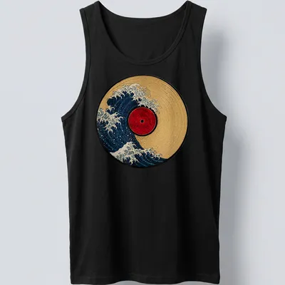 Retro design of a wave crashing over a vinyl record in blue, red, and gold — printed on a tank top
