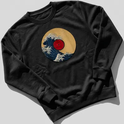 Retro design of a wave crashing over a vinyl record in blue, red, and gold — printed on a unisex sweatshirt