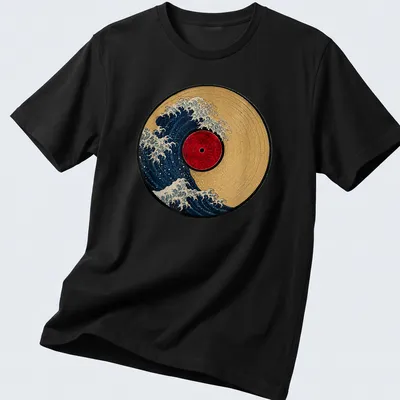 Retro design of a wave crashing over a vinyl record in blue, red, and gold