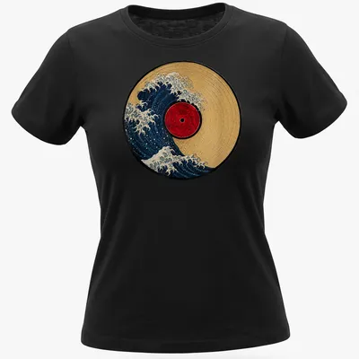 Retro design of a wave crashing over a vinyl record in blue, red, and gold — printed on a women's shirt