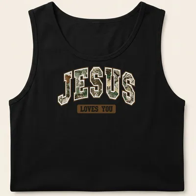 Camo style shirt with 'Jesus Loves You' in camouflage text design — printed on a tank top