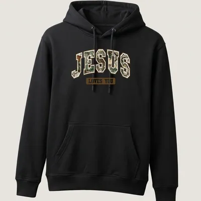 Camo style shirt with 'Jesus Loves You' in camouflage text design — printed on a unisex hoodie