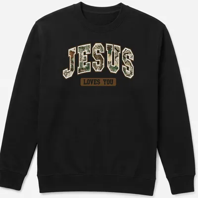 Camo style shirt with 'Jesus Loves You' in camouflage text design — printed on a unisex sweatshirt