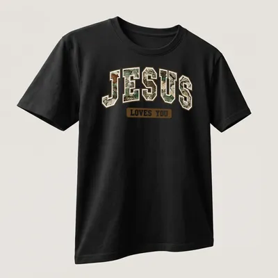 Camo style shirt with 'Jesus Loves You' in camouflage text design — printed on a unisex t-shirt (angled view)