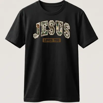 Camo style shirt with 'Jesus Loves You' in camouflage text design