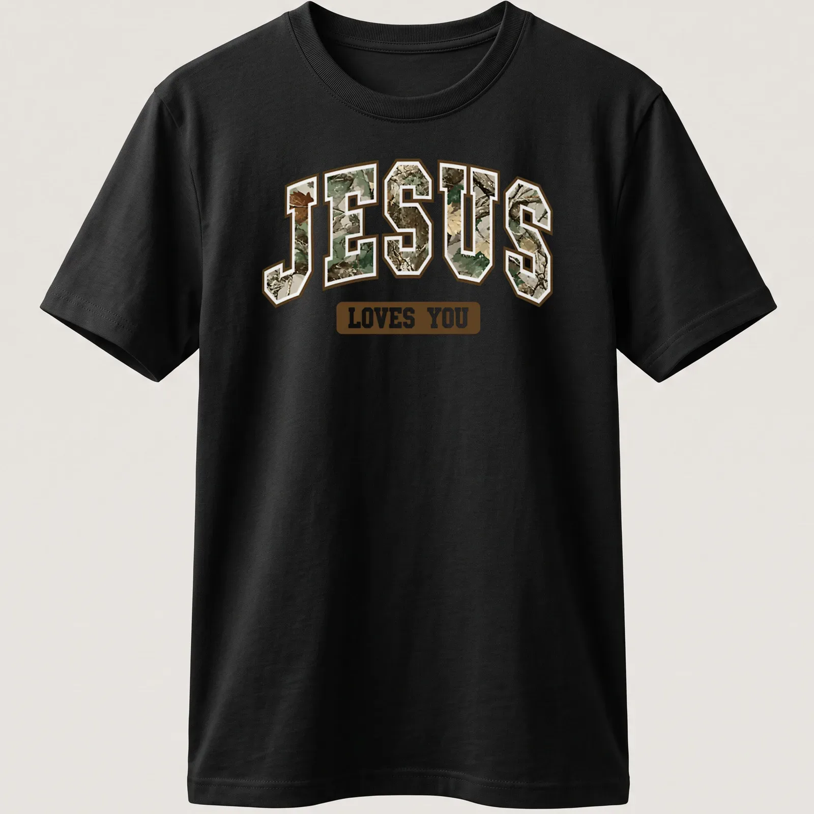 Camo style shirt with 'Jesus Loves You' in camouflage text design — printed on a unisex t-shirt
