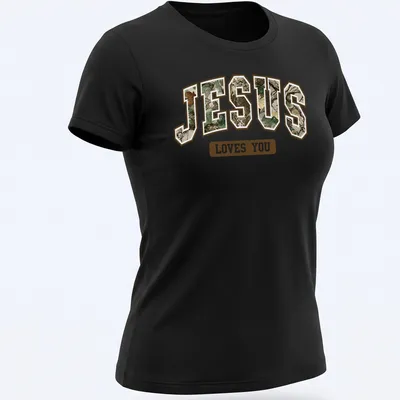 Camo style shirt with 'Jesus Loves You' in camouflage text design — printed on a women's shirt