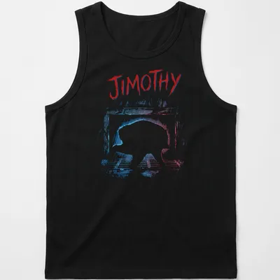 Grunge style print of a raccoon named Jimothy crawling out of a storm drain — printed on a tank top