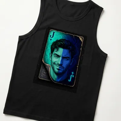 Vibrant illustration of the Joker playing card face featuring the letter J — printed on a tank top