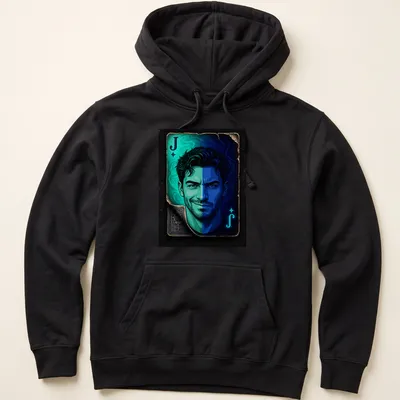 Vibrant illustration of the Joker playing card face featuring the letter J — printed on a unisex hoodie