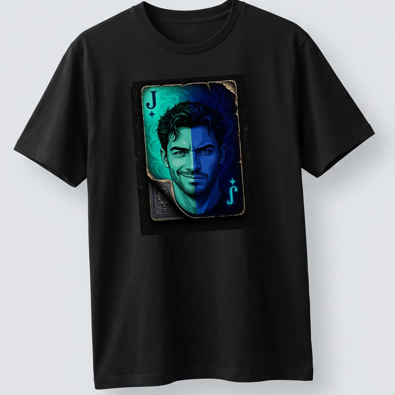 Vibrant illustration of the Joker playing card face featuring the letter J — printed on a unisex t-shirt