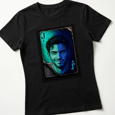 Vibrant illustration of the Joker playing card face featuring the letter J — printed on a women's shirt