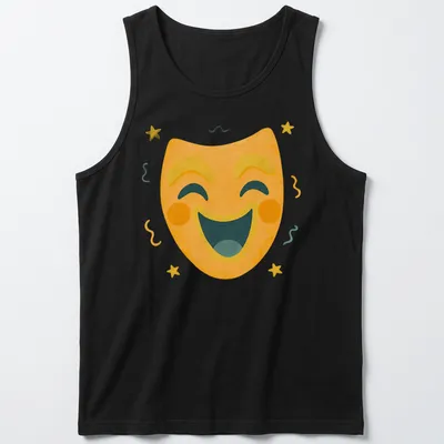 Kawaii comedy mask t-shirt with bright colors and playful stars — printed on a tank top