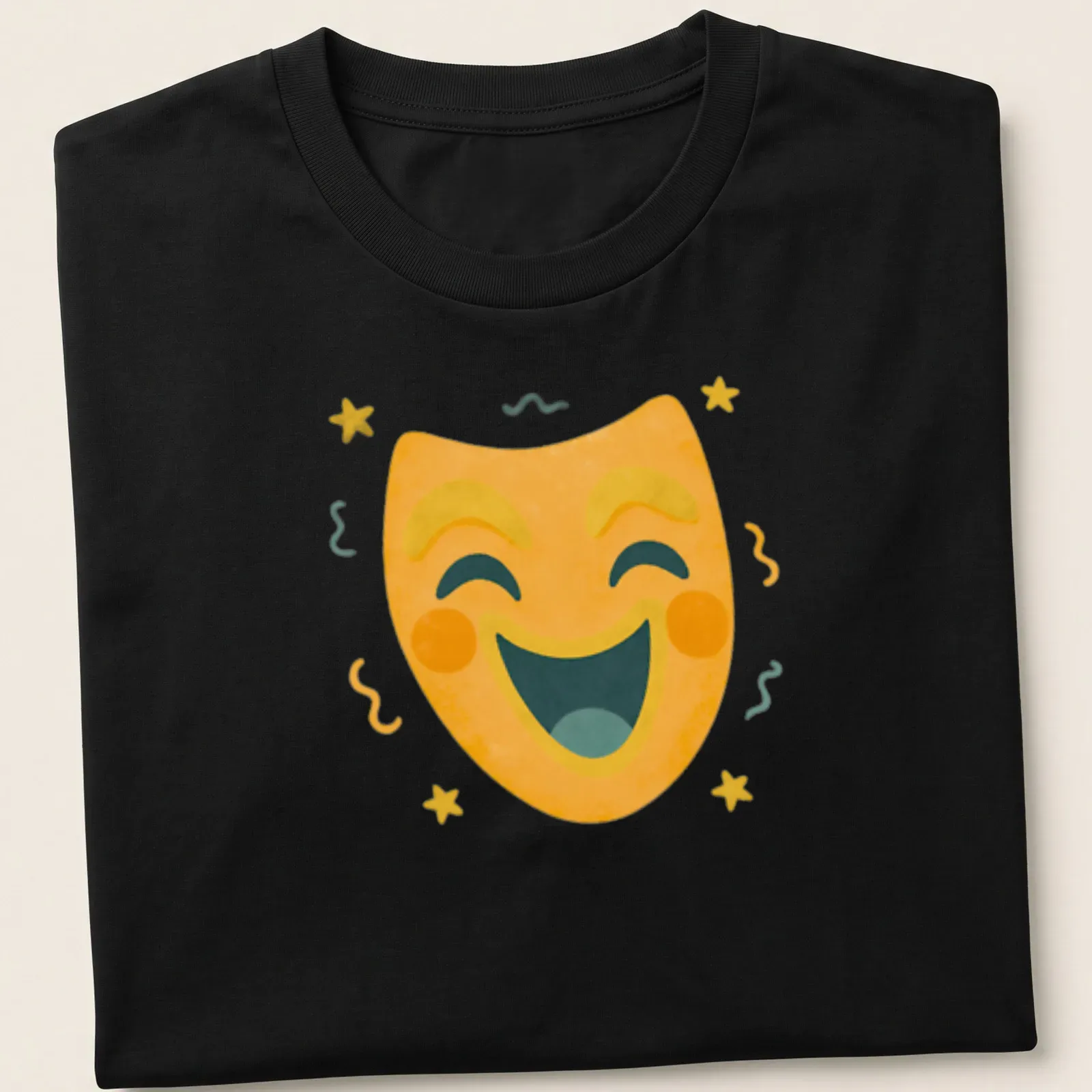 Kawaii comedy mask t-shirt with bright colors and playful stars — printed on a unisex t-shirt