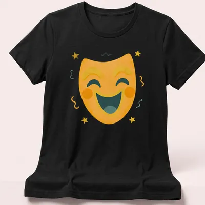 Kawaii comedy mask t-shirt with bright colors and playful stars — printed on a women's shirt