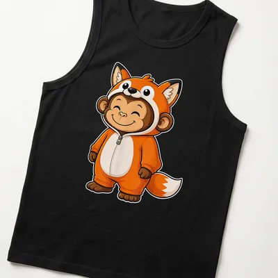 Cute cartoon monkey in a fox costume, bright and whimsical design — printed on a tank top