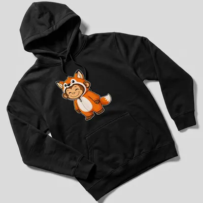 Cute cartoon monkey in a fox costume, bright and whimsical design — printed on a unisex hoodie