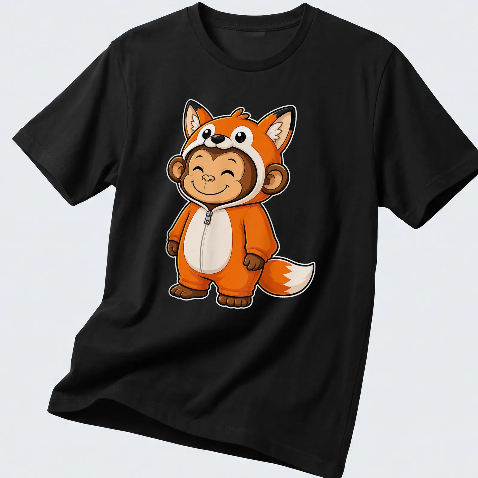 Cute cartoon monkey in a fox costume, bright and whimsical design — printed on a unisex t-shirt