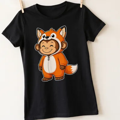 Cute cartoon monkey in a fox costume, bright and whimsical design — printed on a women's shirt