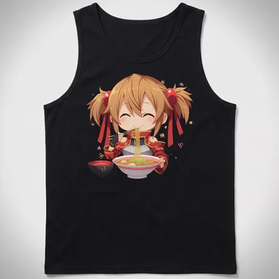 Chibi character happily eating ramen in kawaii style with colorful details — printed on a tank top