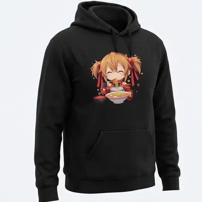 Chibi character happily eating ramen in kawaii style with colorful details — printed on a unisex hoodie