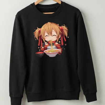 Chibi character happily eating ramen in kawaii style with colorful details — printed on a unisex sweatshirt