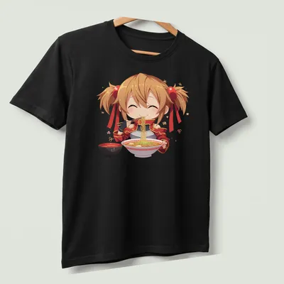 Chibi character happily eating ramen in kawaii style with colorful details — printed on a unisex t-shirt (angled view)