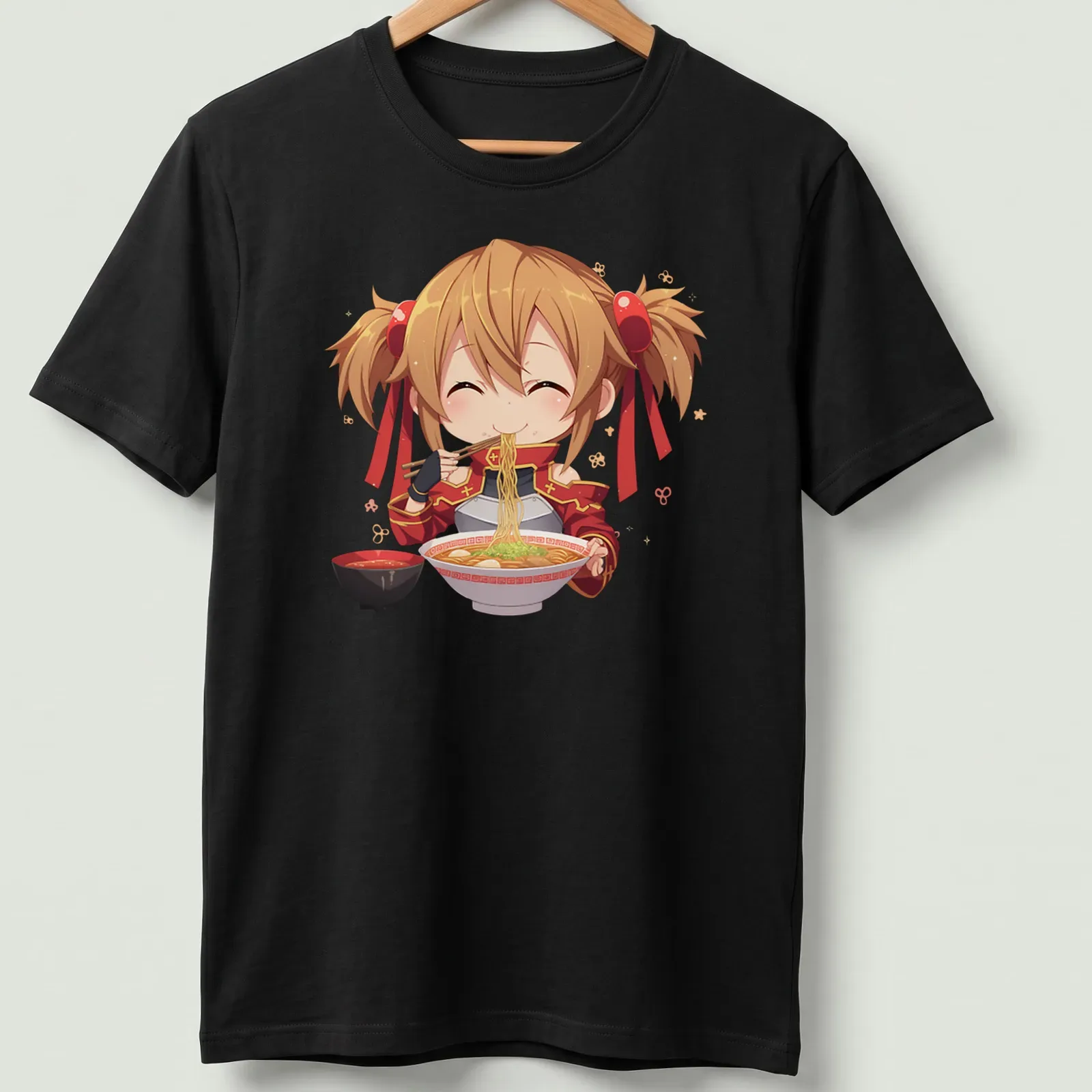 Chibi character happily eating ramen in kawaii style with colorful details — printed on a unisex t-shirt