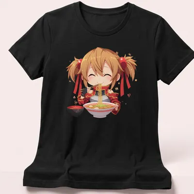 Chibi character happily eating ramen in kawaii style with colorful details — printed on a women's shirt