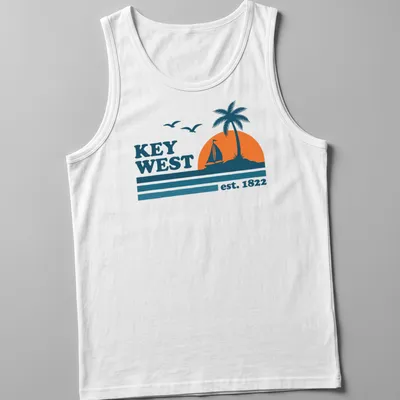 Vintage retro Key West T-shirt with sailboat and palm tree graphic — printed on a tank top