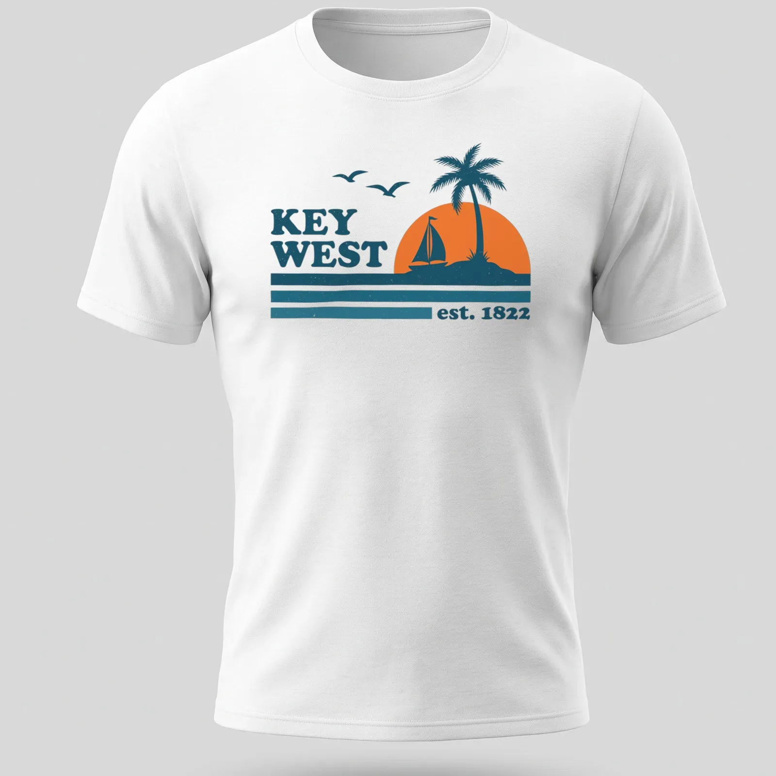 Vintage retro Key West T-shirt with sailboat and palm tree graphic — printed on a unisex t-shirt