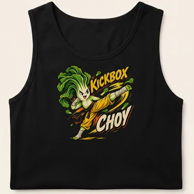 Cartoon Bok Choy character in a martial arts pose with bold lettering — printed on a tank top