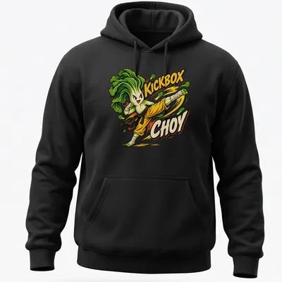 Cartoon Bok Choy character in a martial arts pose with bold lettering — printed on a unisex hoodie