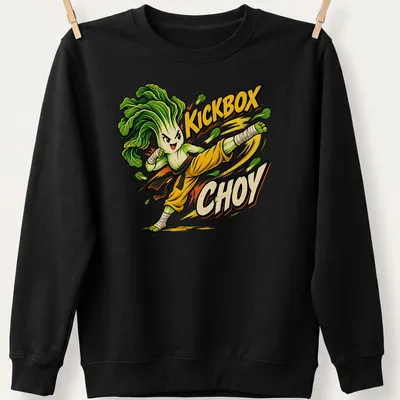 Cartoon Bok Choy character in a martial arts pose with bold lettering — printed on a unisex sweatshirt