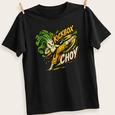 Cartoon Bok Choy character in a martial arts pose with bold lettering