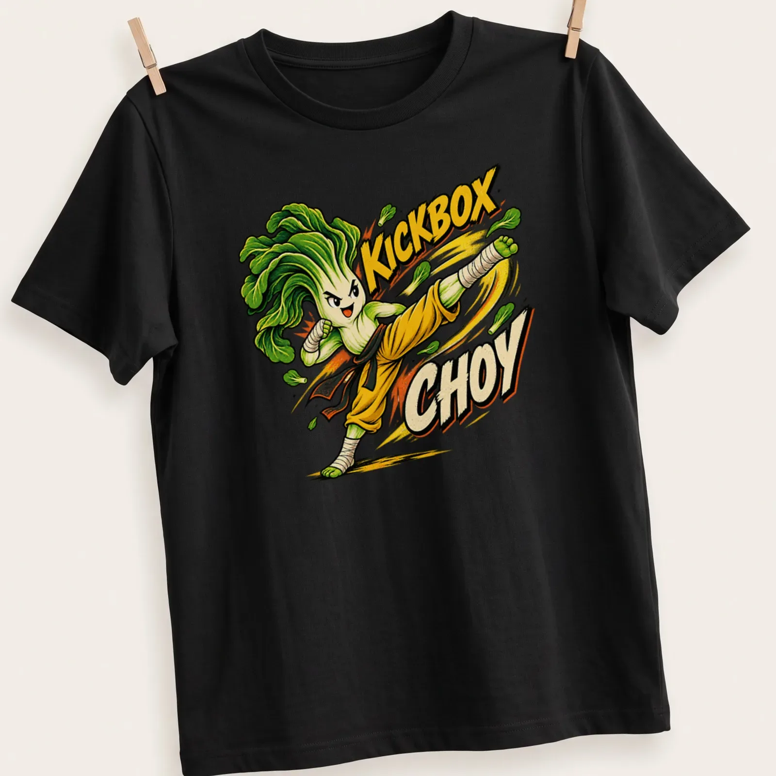 Cartoon Bok Choy character in a martial arts pose with bold lettering — printed on a unisex t-shirt