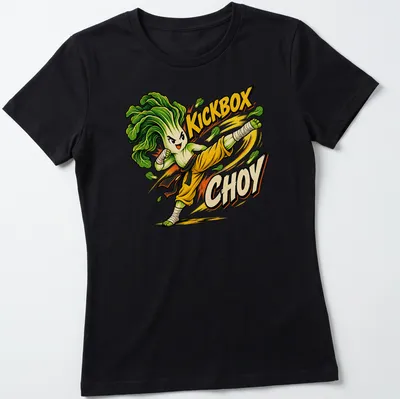 Cartoon Bok Choy character in a martial arts pose with bold lettering — printed on a women's shirt