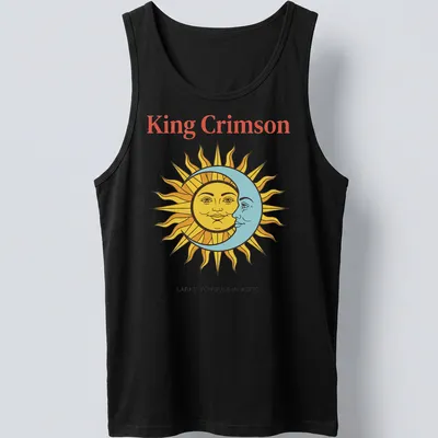 Vintage T-shirt featuring King Crimson artwork with sun and moon faces in bold colors. — printed on a tank top