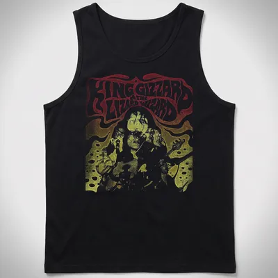 Psychedelic band performance tee with bold King Gizzard & The Lizard Wizard text — printed on a tank top