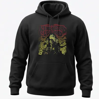 Psychedelic band performance tee with bold King Gizzard & The Lizard Wizard text — printed on a unisex hoodie