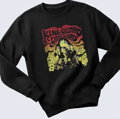 Psychedelic band performance tee with bold King Gizzard & The Lizard Wizard text — printed on a unisex sweatshirt