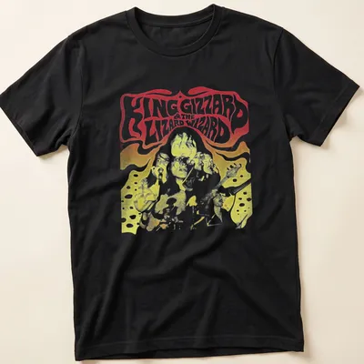 Psychedelic band performance tee with bold King Gizzard & The Lizard Wizard text