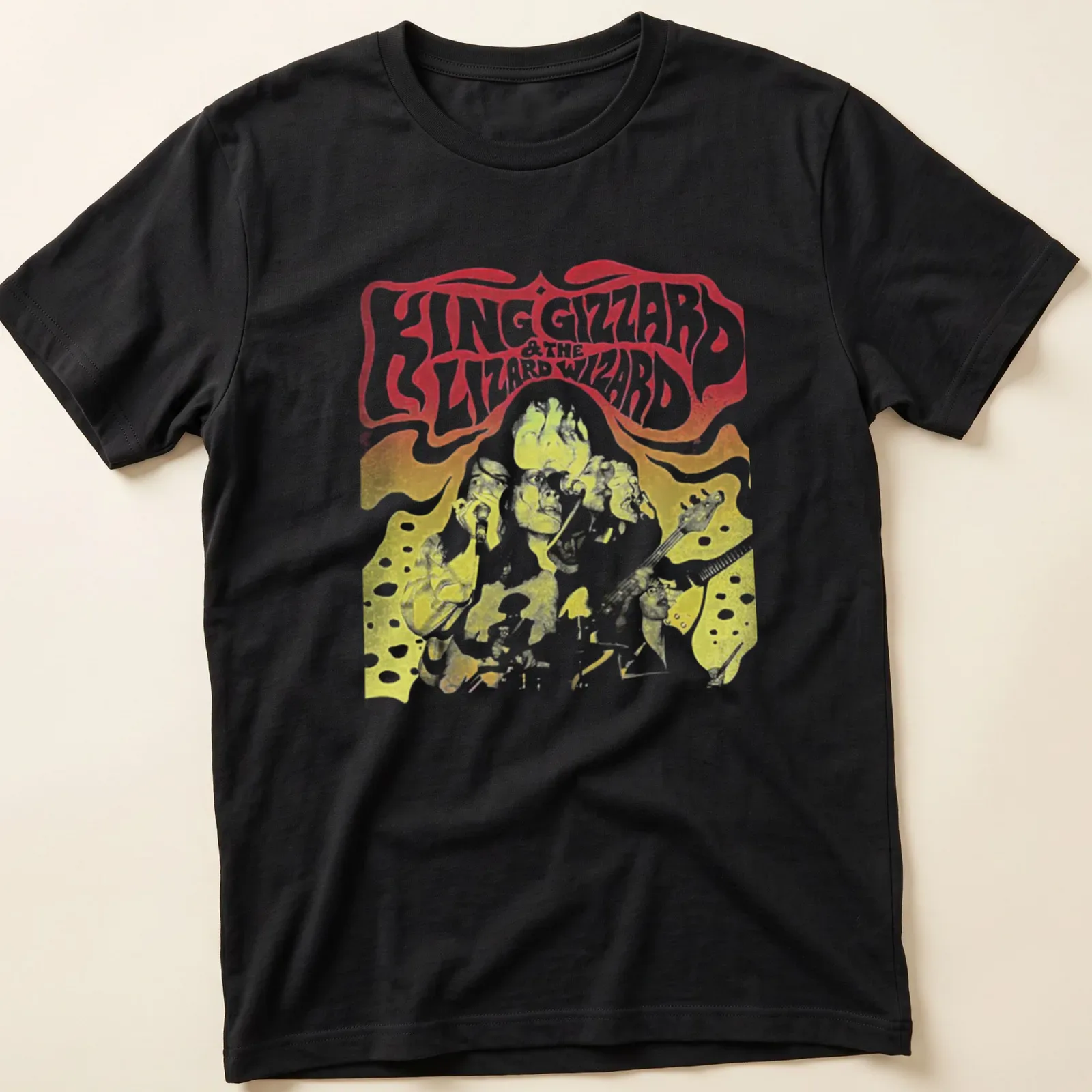 Psychedelic band performance tee with bold King Gizzard & The Lizard Wizard text — printed on a unisex t-shirt
