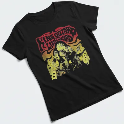 Psychedelic band performance tee with bold King Gizzard & The Lizard Wizard text — printed on a women's shirt